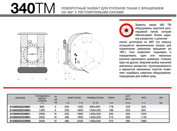 Технические характеристики полноповоротного рулонного захвата для тонкой бумаги и ткани c мобильными лапами, мод. 340 TМ Технические характеристики полноповоротного рулонного захвата для тонкой бумаги и ткани c мобильными лапами, мод. 340 TМ